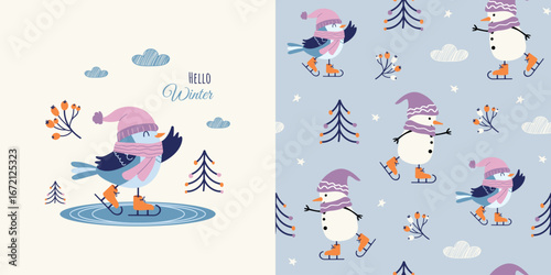 Winter modern children background and seamless pattern with funny skating characters. Vector design for fabric, wallpaper, wrapping paper, and more.
