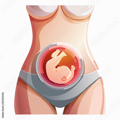 Schematic vector illustration of a fetus developing in the maternal womb