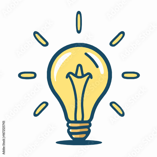 Hand Drawn Yellow Light Bulb Icon with Blue Outline and Rays on White Background idea innovation
