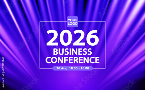 A futuristic event invitation flyer or banner layout for a corporate business conference. The bold design has abstract light rays bursting from the center, with space for a custom logo, date, and time