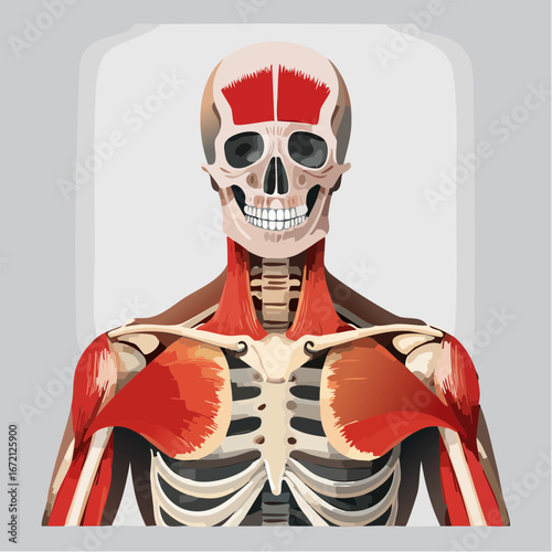 Anatomical vector illustration of the human musculoskeletal system, showcasing major bones and muscles of the upper body