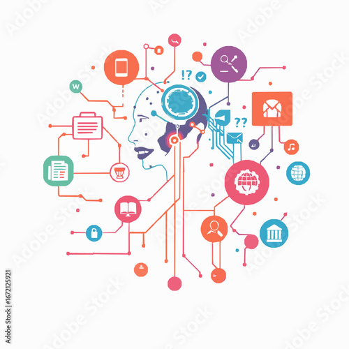Colorful Abstract Network of Icons Connected to a Human Head Silhouette artificial intelligence technology