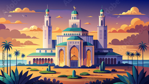The Hassan II Mosque at sunset in Casablanca, Morocco. Hassan II Mosque is the largest mosque in Morocco and one of the most beautiful. the 13th largest in the world