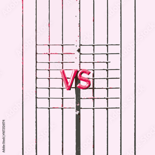 Pink Versus VS symbol between vertical bars resembling prison bars on a light pink background competition