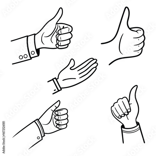 Black and white line art icons of human hands showing thumbs up and open palm gestures like approval