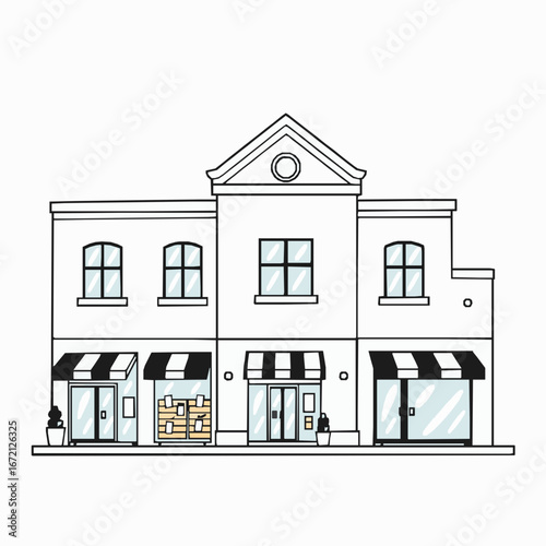 Simple Line Drawing of a Two- Story Building with Three Shops and Awnings store facade