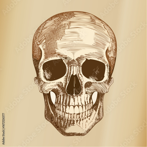 Hand-drawn vector illustration of a vampire skull in a vintage engraved medical textbook style