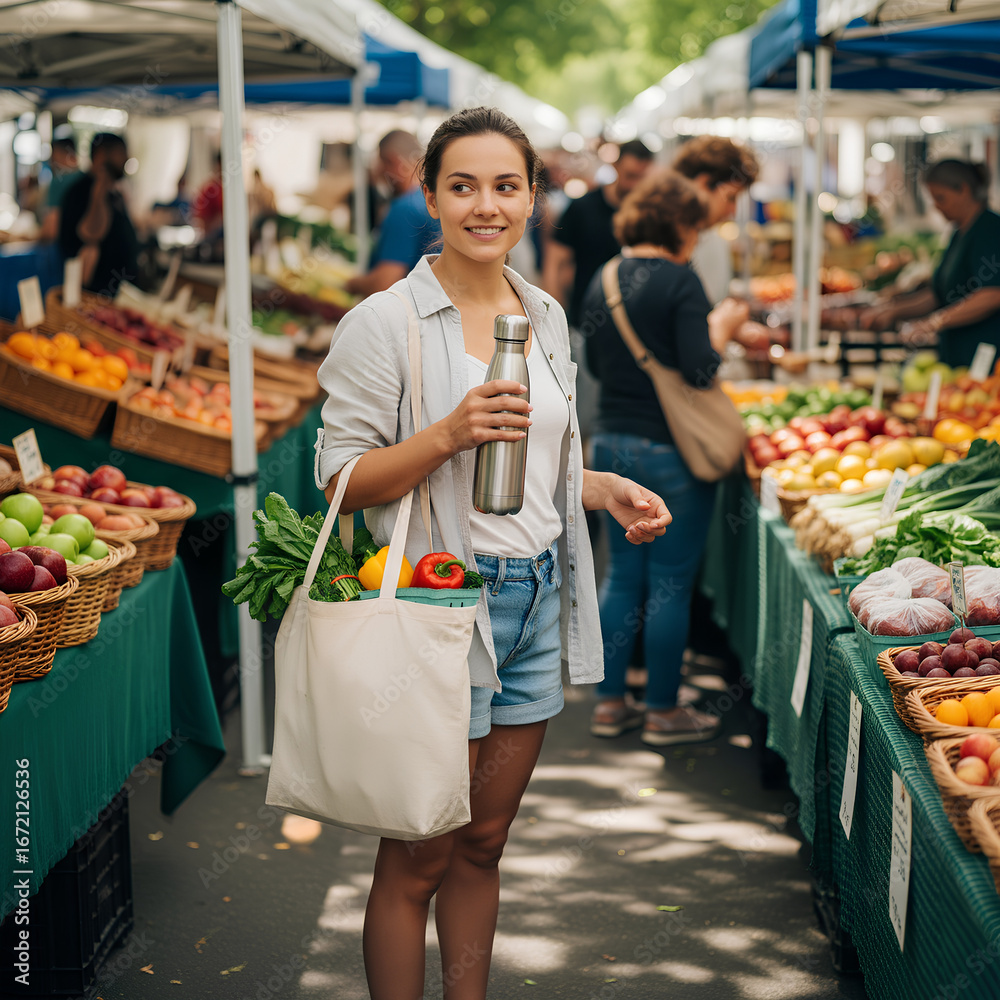 Obraz premium Young woman holding reusable water bottle and eco bag at farmers market