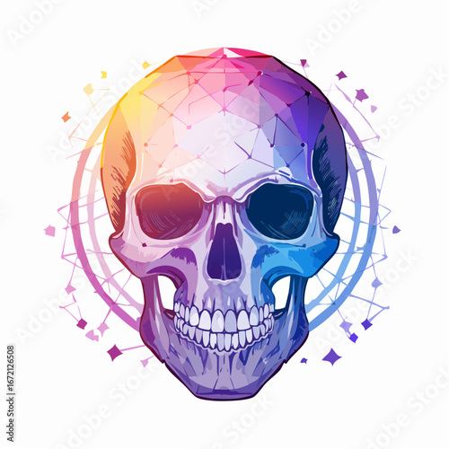 Glowing human skull with vibrant purple and neon blue gradients on an abstract geometric background
