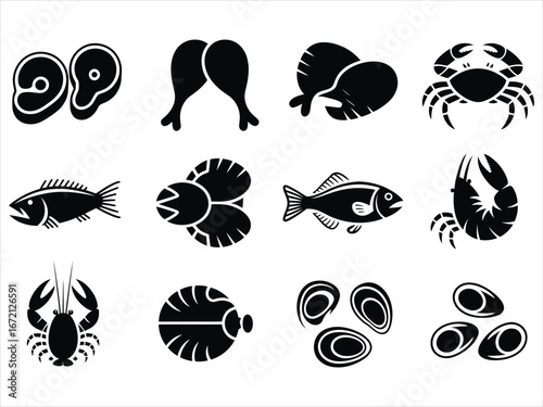 Meat fish shellfish chicken food icons vector