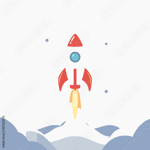 Cartoon Red Rocket Ship Launching with Orange Flames and Blue Clouds spaceship space