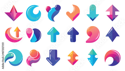 Collection of Colorful Gradient Arrows and Abstract Shapes on White Background up arrow down arrow