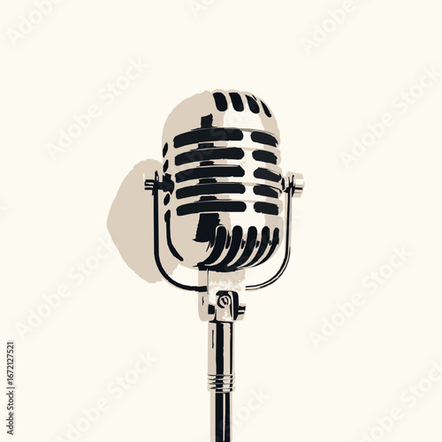 Black and white illustration of a vintage microphone on a light beige background retro
