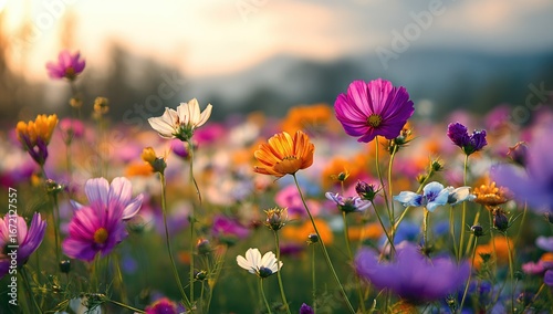 Fototapeta Naklejka Na Ścianę i Meble -  Colorful cosmos flowers bloom in a field at sunset