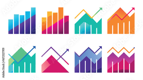 Collection of eight colorful gradient bar and line graphs showing upward trends chart finance