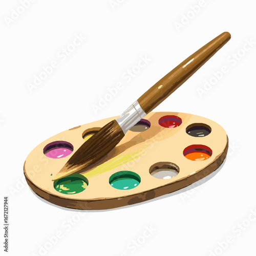 Watercolor Paint Palette with Brush and Vibrant Colors on White Background artist artistic