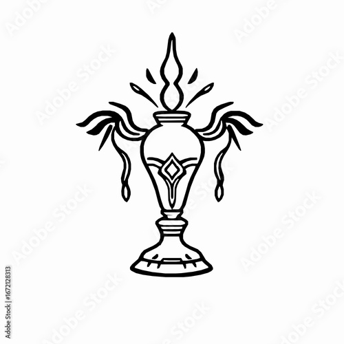 Stylized Decorative Urn With Flames And Ribbons In Black And White Line Art ornamental vessel