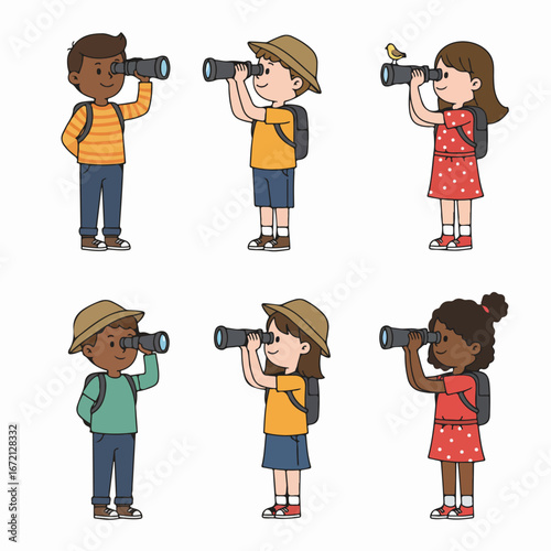 Diverse kids with binoculars exploring nature, birdwatching, and enjoying an outdoor adventure. Cartoon illustration of happy children discovering new things and learning outdoors.