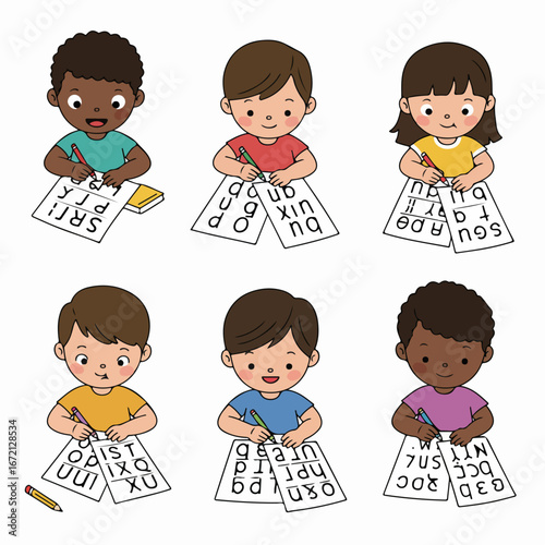 Happy diverse children learning to write letters. Cute vector illustration of multi-ethnic kids practicing handwriting, engaged in early education and literacy skills development.