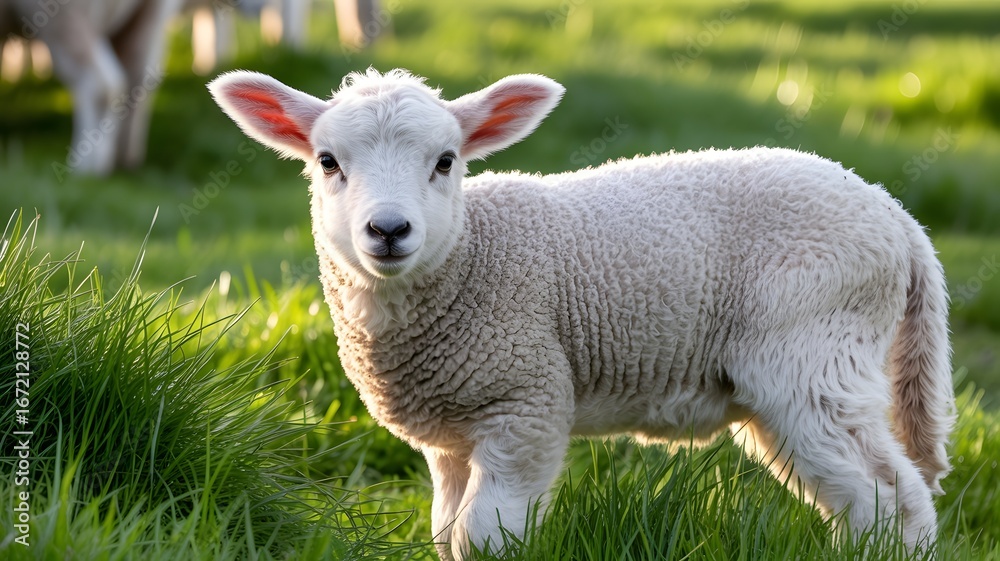 Fototapeta premium Young Lamb Standing in Green Pasture