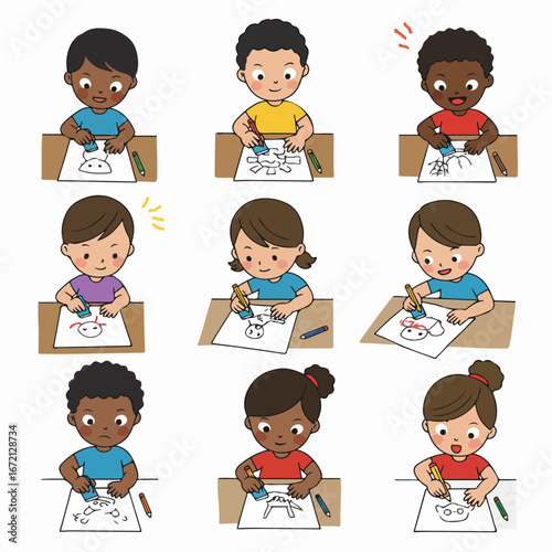 Diverse group of happy multi-ethnic children drawing, learning, and creating with pencils and erasers, showcasing artistic expression and problem-solving in a joyful classroom setting.