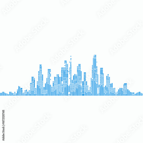 Blue digital equalizer bars forming a city skyline silhouette on a white background audio sound