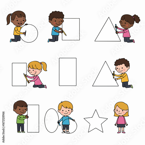 Happy multiethnic children engage with various geometric shapes, drawing and playing to learn basic geometry concepts.