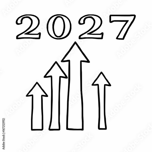Four upward pointing arrows with the year 2027 above on a white background growth progress