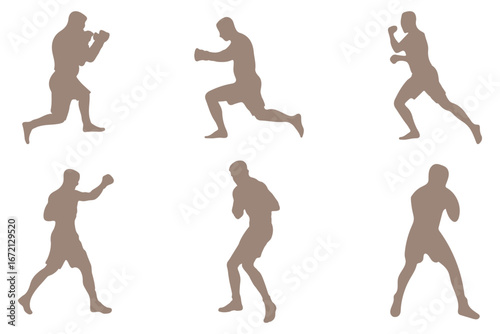 Martial arts silhouette male poses, karate combat training stance set, vector action fighter figure, self defense illustration eps 10