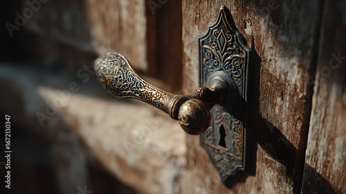 Close-up of an antique door handle on a weathered wooden door.