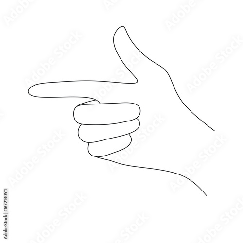 A simple line drawing of a hand pointing to the left with the index finger extended and the thumb raised.