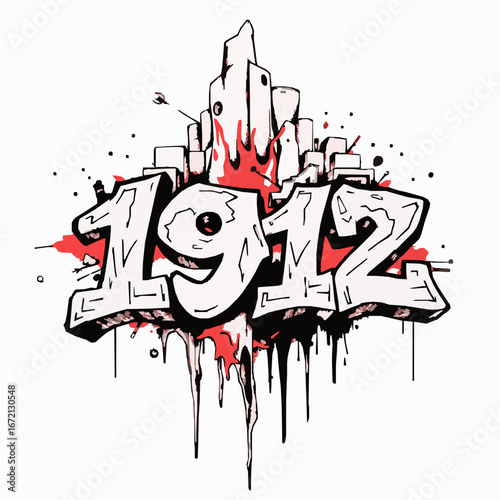Graffiti Art Number 1912 With Red Splatter And Drips On White Background numbers urban art