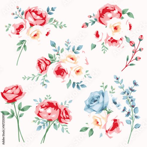 Various Watercolor Flower Arrangements with Roses Peonies and Blue Accents floral bouquet