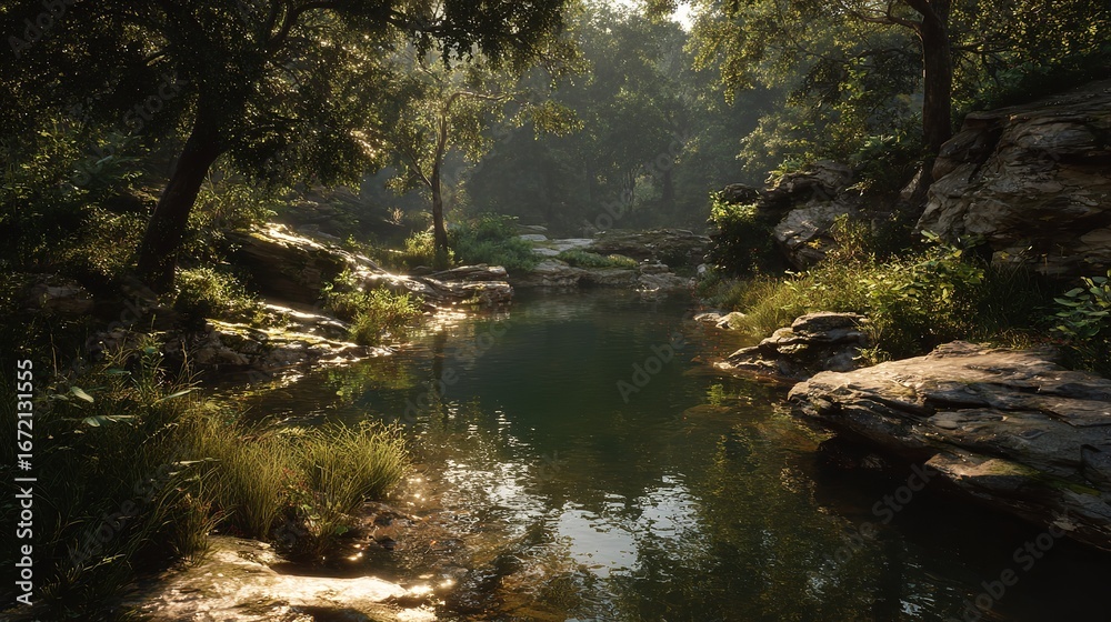 Obraz premium A sun-dappled forest path, reflecting sky