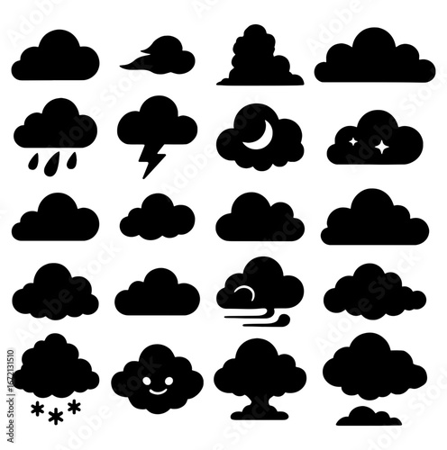 Collection of twenty different weather cloud shapes and atmospheric icons