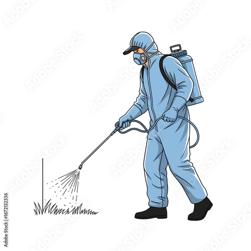 Illustration of a pest control worker in protective gear spraying a grassy patch
