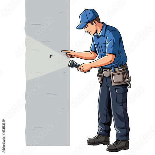 A man in a blue uniform inspects a wall with a flashlight He points at a black insect