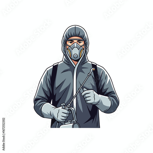 A person in a grey hazmat suit wearing a respirator holding a sprayer