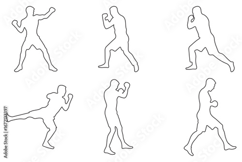 Silhouettes of a boxer in a dynamic fighting and punching sequence, representing movement, training, combat, and athleticism in sports design eps 10