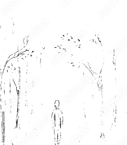 A lone figure stands amidst sparse trees in a stark black and white minimalist illustration style scene