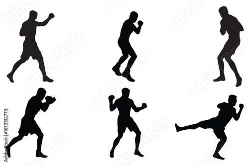 kickboxing vector silhouettes set white background different pose martial arts sport, Fighter Silhouettes eps 10
