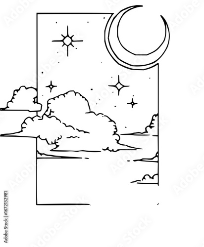 Illustration of a crescent moon stars and clouds inside a rectangular frame in black and white style