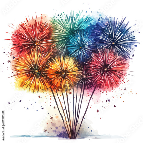 Fireworks Summer Celebration Night, watercolor painting vector, isolated on a white background.