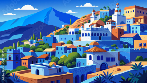 A view of the blue city of Chefchaouen in the Rif mountains, Morocco