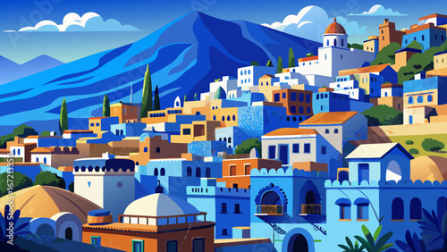 A view of the blue city of Chefchaouen in the Rif mountains, Morocco