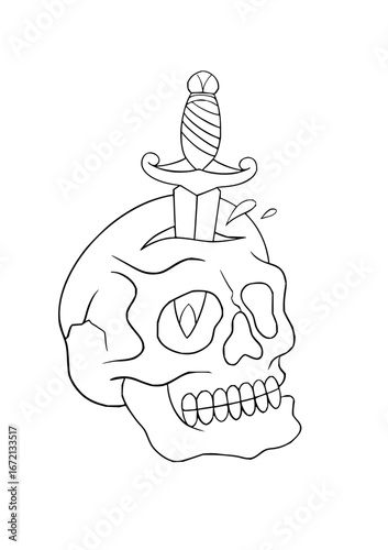 Skull pierced by a dagger with a decorative handle in black and white outline illustration style