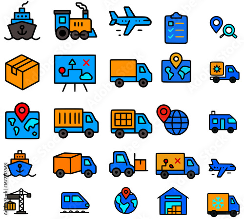 A collection of colorful icons depicting various modes of transportation and delivery services.