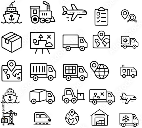 A collection of outlined icons representing various modes of transportation, logistics, and delivery services.