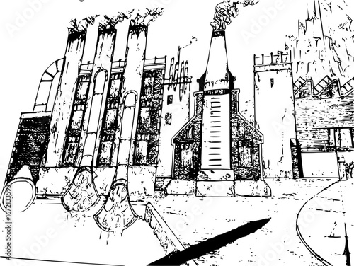 Illustration of a factory with tall smokestacks emitting smoke against a white background in black and white
