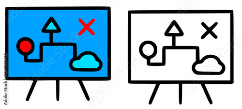 Two colored project maps on easels, showing progress and potential obstacles.